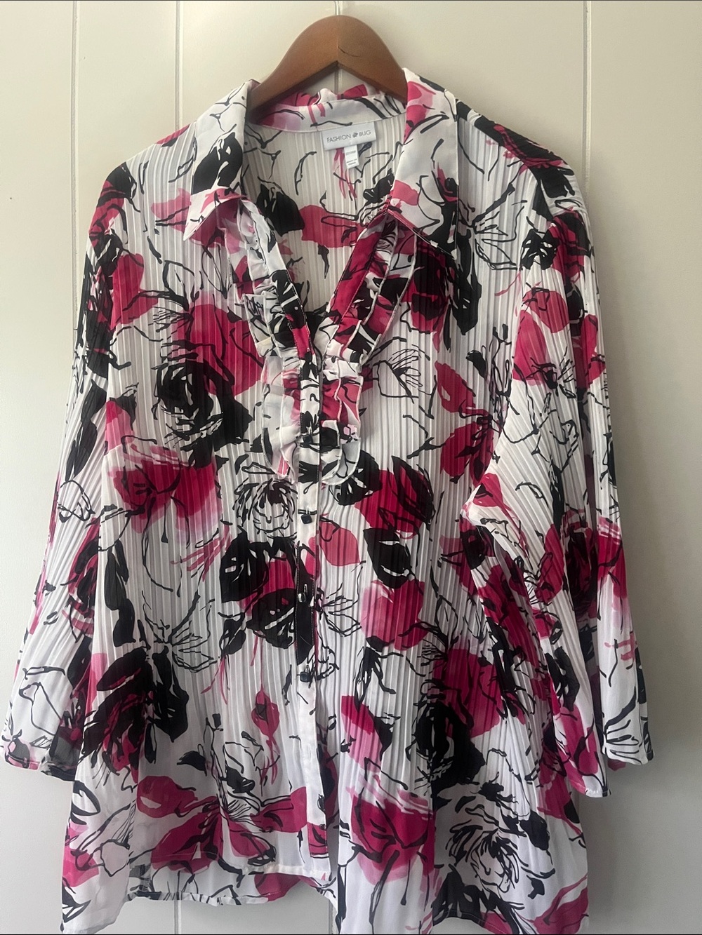 Fashion Bug White Button-Down Blouse with Pink & Black Floral Print